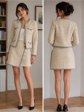 Vintage Boxy Hand Sewn Jacket Split Skirt Elegant Gray Cream Coco One Of A Kind